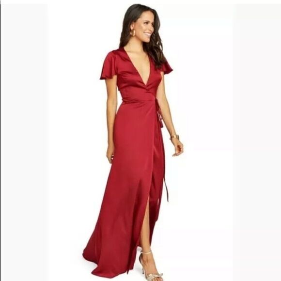 Show Me Your MuMu Noelle Wrap Dress in Ruby Luxe Satin S - Picture 14 of 15